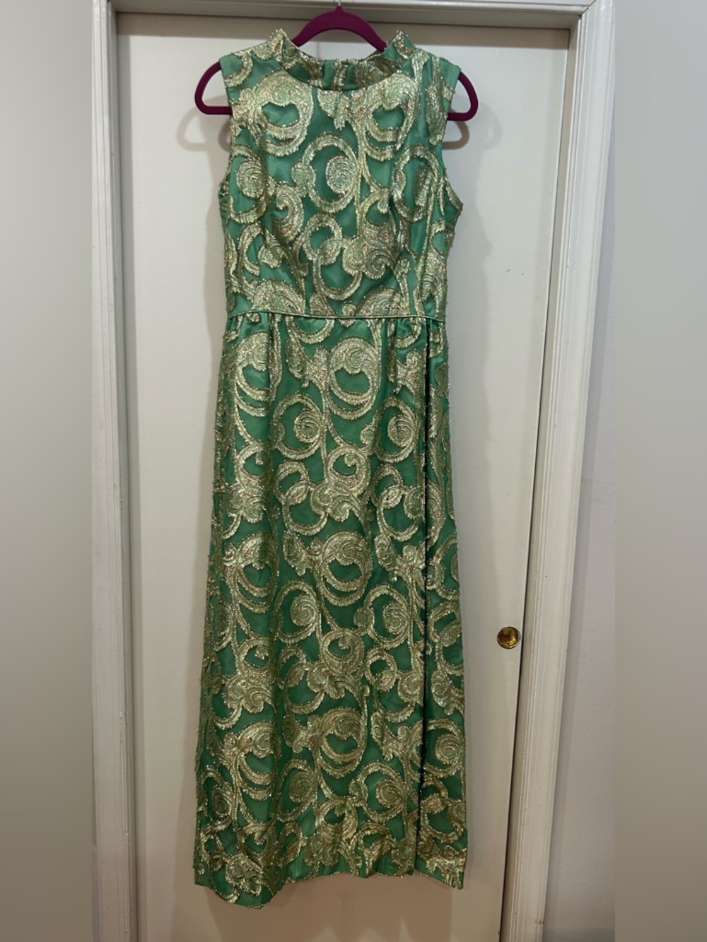 Sleeveless Emerald Maxi Dress with Gold Swirl Detailing